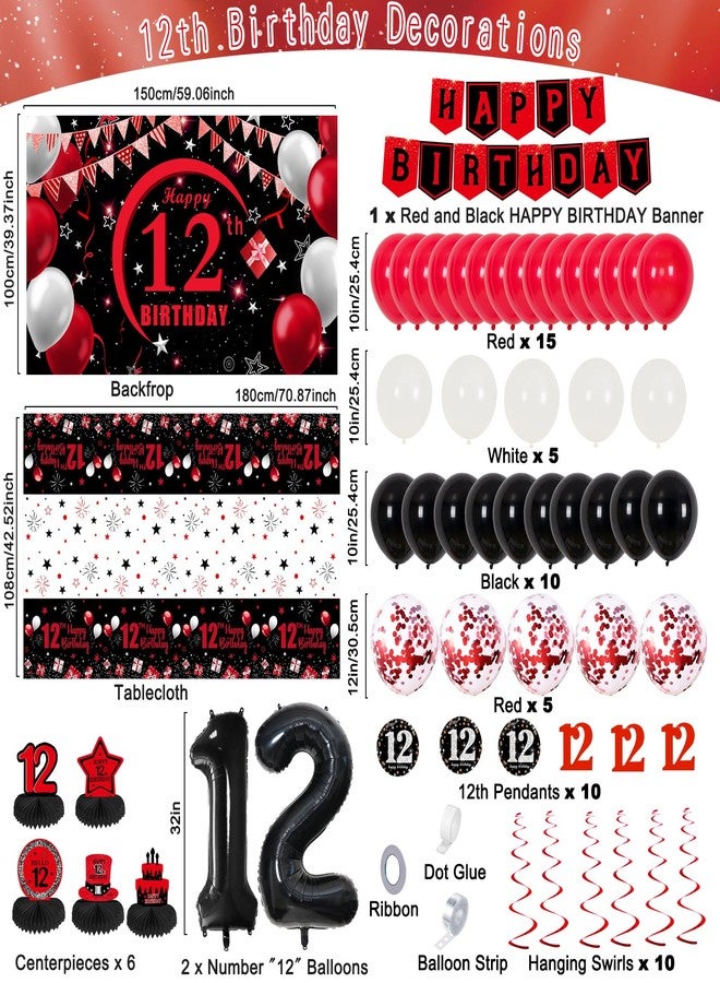 Coosilion 12th Birthday Decorations for Girls Boys Red Black, 12 Year Old Boy Girl Birthday Decorations with Happy Birthday Banner Backdrop 12 Balloon Number Honeycomb Centerpieces Tablecloth Party Supplies - Image 2